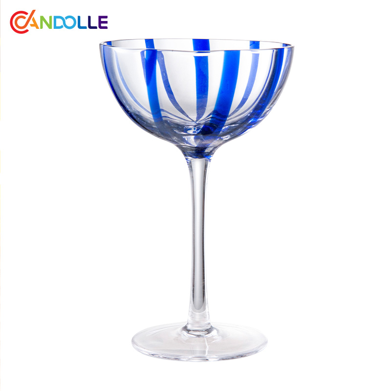 180ml Handmade Blue Stripe Crystal Martini Cocktail Coupe Glass for Home Bar 