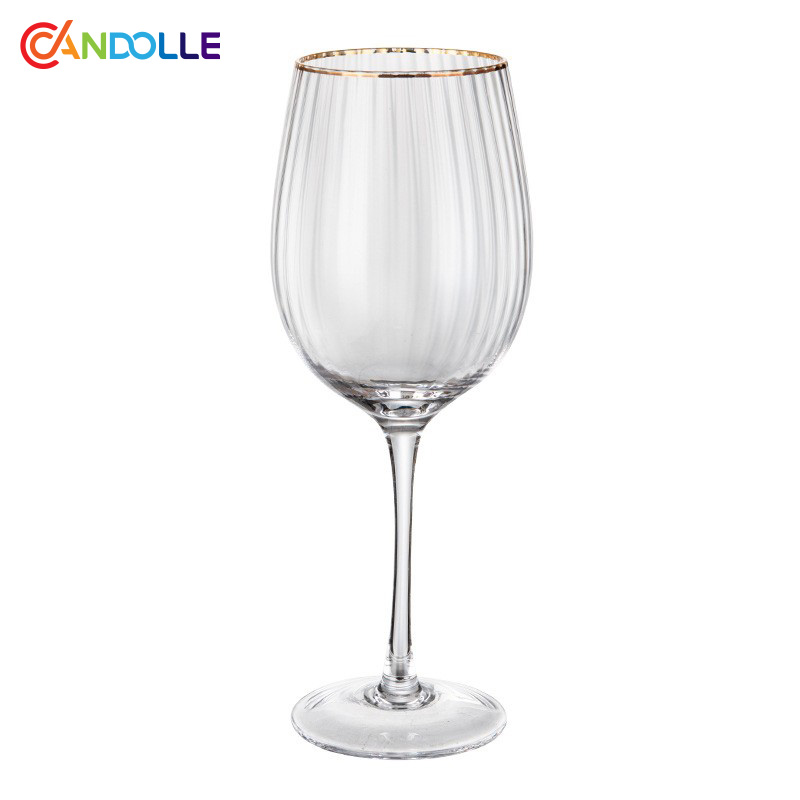 600ml Handblown Large Bowl Gold Rim Vertical Ribbed Red Wine Glass