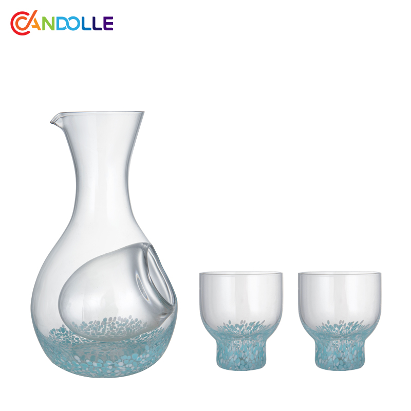 Handcrafted Light Blue Speckled Ice Glass Sake Water Carafe Tumbler Set