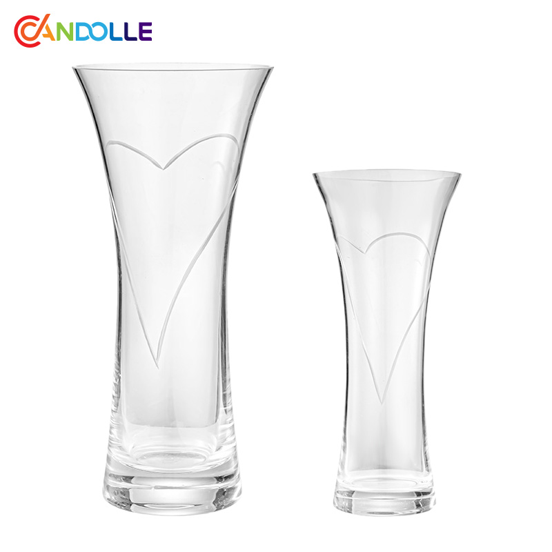 Tall Slim Fluted Glass Vases with Engraved Heart 