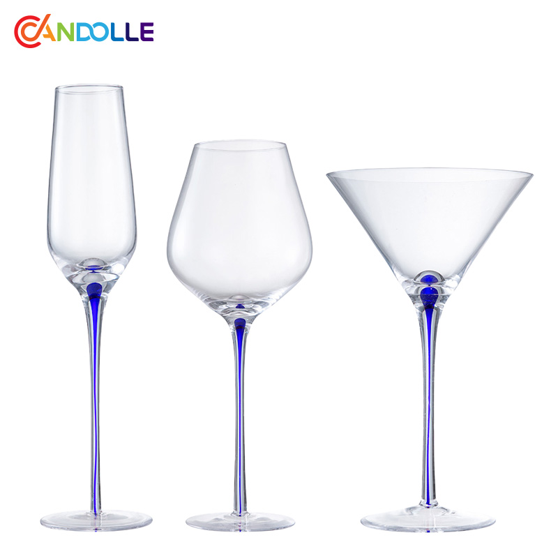 Handcrafted Wine Cocktail Champagne Glasses with Teardrop Blue Stem