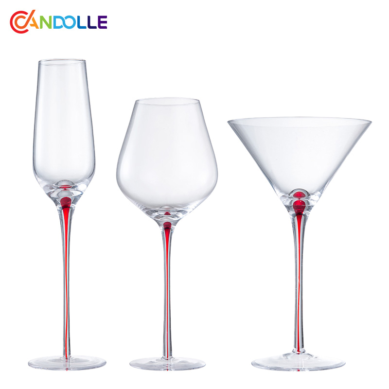 Handblown Wine Martini Champagne Glasses Set with Red Core Stem