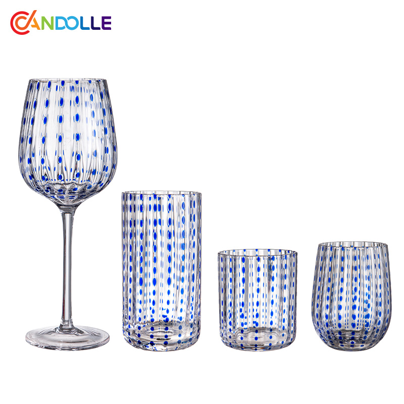 Blue Dots Embedded Clear Crystal Glass Drinkware for Wine Cocktails