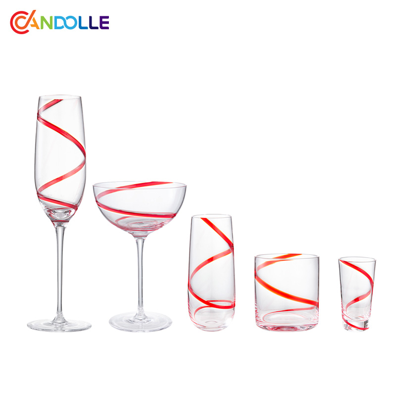 Handblown Cocktail Wine Drinking Glasses with Artistic Red Swirl