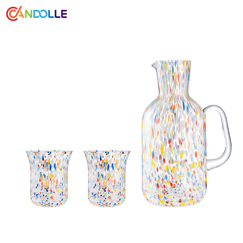Handblown Multicolor Confetti Crystal Pitcher Glass Set for Parties