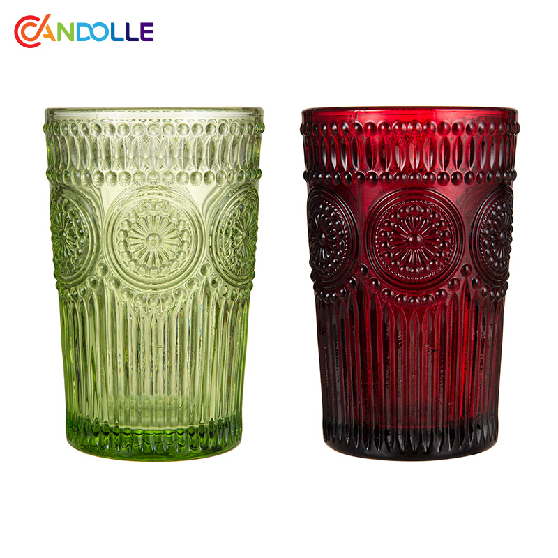 350ml Red Ruby Embossed Sunflower Glass Candle Jars Set 