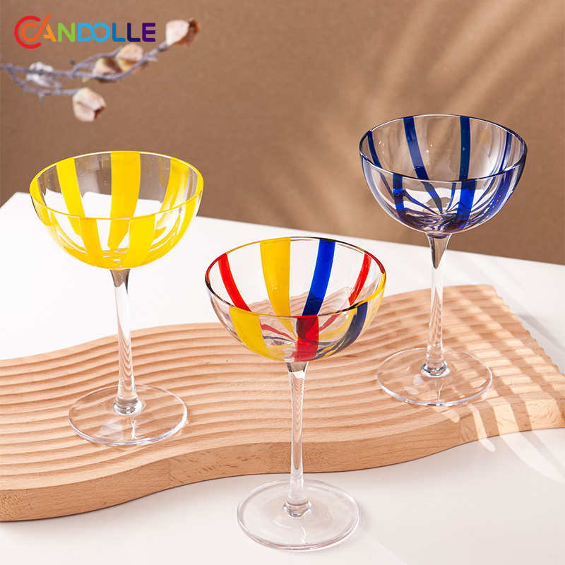 180ml Handmade Blue Stripe Crystal Martini Cocktail Coupe Glass for Home Bar 