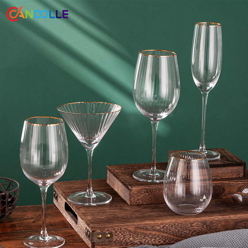 470ml Gold Rim Vertical Ribbed Crystal White Wine Glass