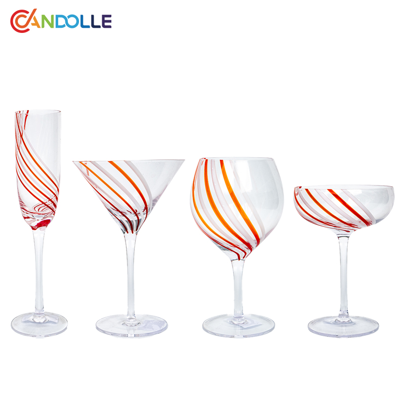 Wholesale Striped Stemmed Wine Glasses Set with Red White Swirl