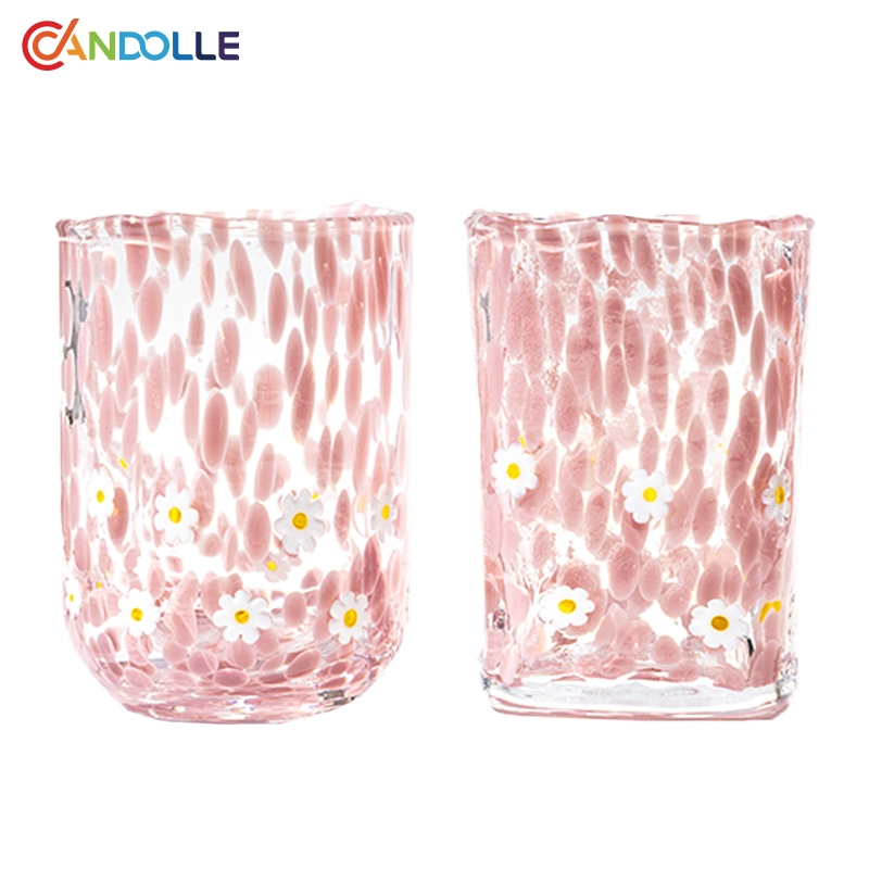 330ml Handblown Pink Daisy Glass Candle Vessel Jar for Soy Wax