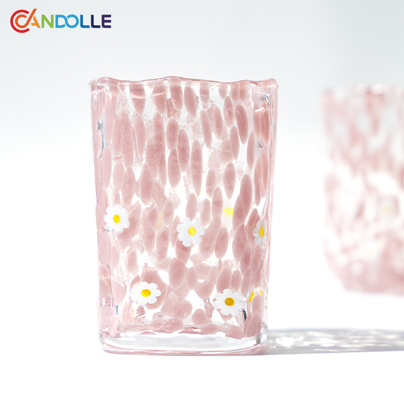 330ml Handblown Pink Daisy Glass Candle Vessel Jar for Soy Wax