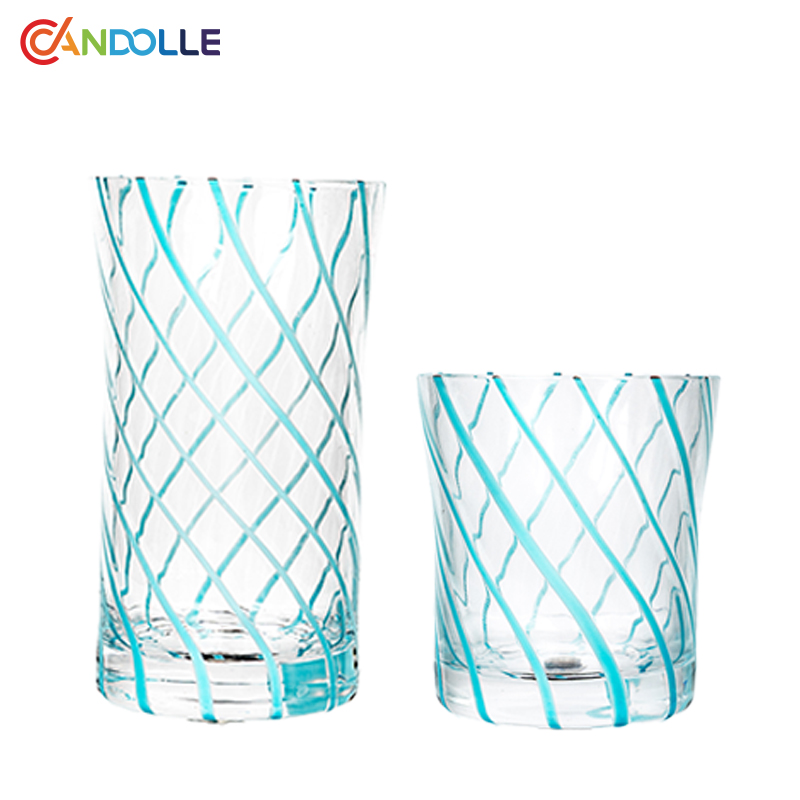 9oz/15oz Blue Grid Hand Blown Glass Tumbler Wholesale Color‑Thread Water Glass Set