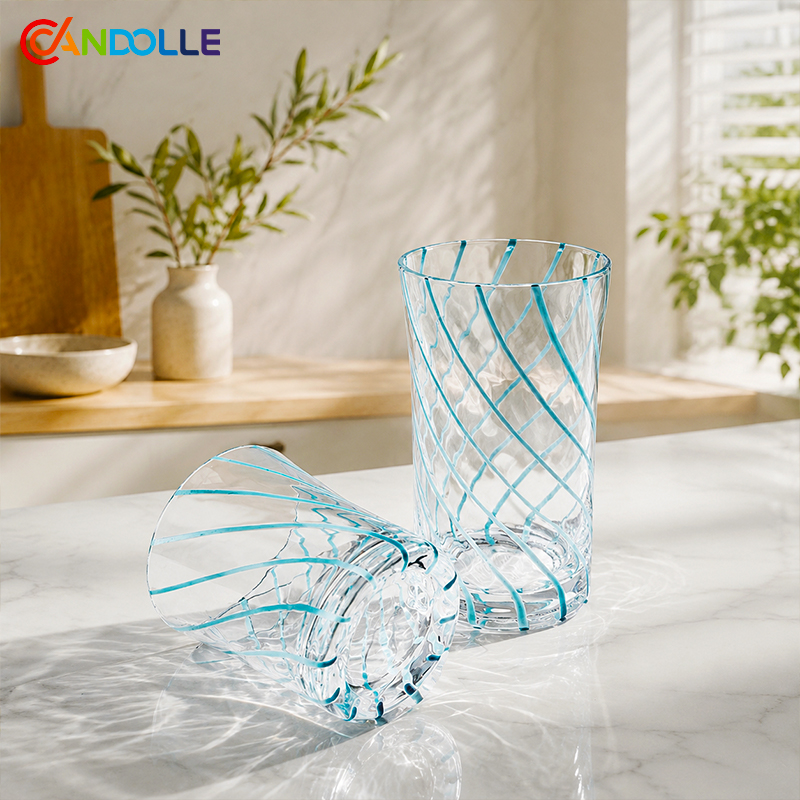 9oz/15oz Blue Grid Hand Blown Glass Tumbler Wholesale Color‑Thread Water Glass Set
