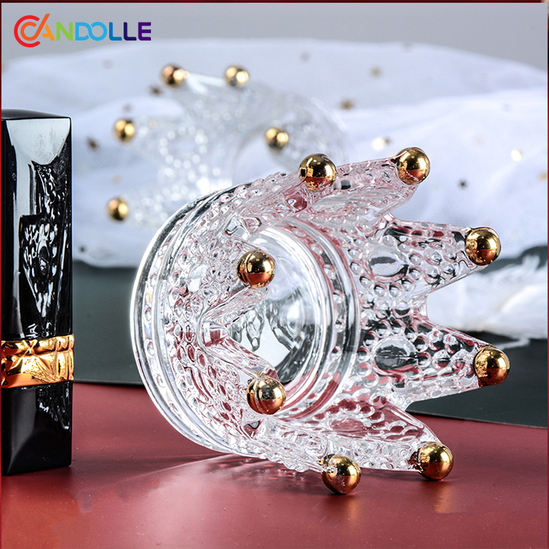 Crown Glass Tealight Holder Clear Gold Bead Iridescent Electroplated Candle Jar