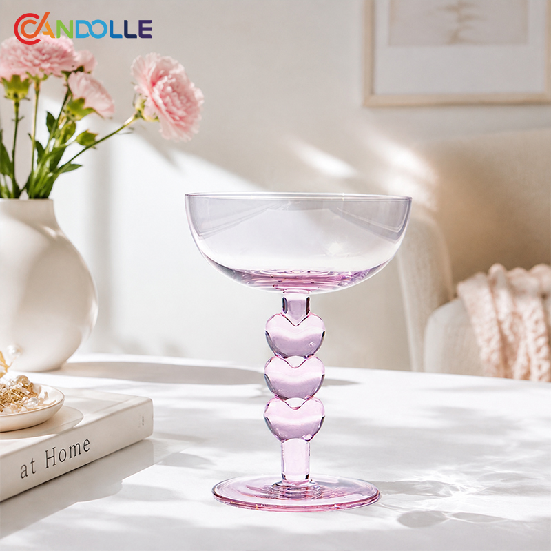 8oz Heart Stem Erbium Pink Glass Dessert Bowl Shallow Coupe Glass 8oz Heart Stem Erbium Pink Glass Dessert Bowl Shallow Coupe Glass