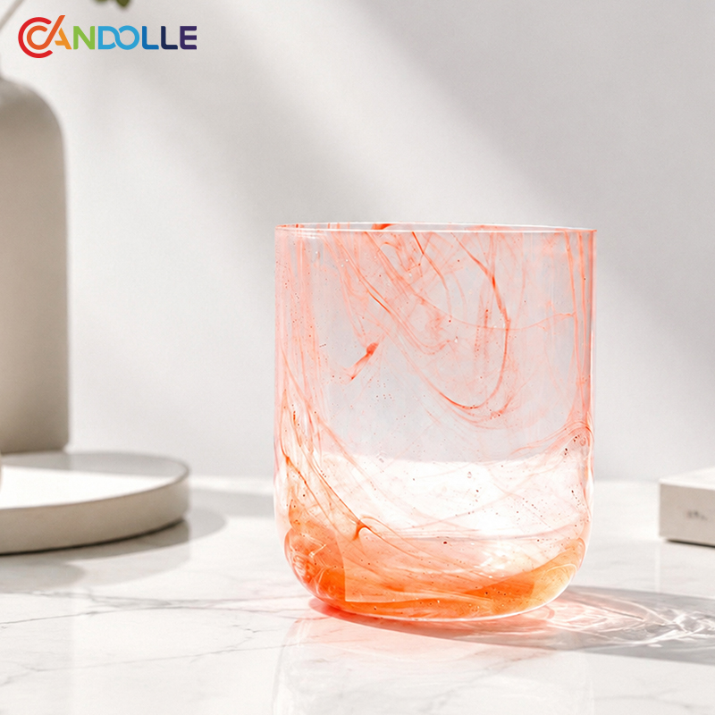 15oz Handblown Marble Crystal Swirl Glass Candle Cup Blush Pink