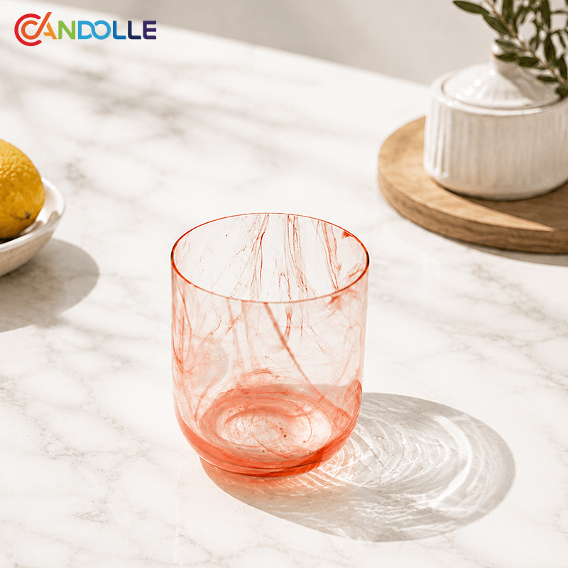 15oz Handblown Marble Crystal Swirl Glass Candle Cup Blush Pink