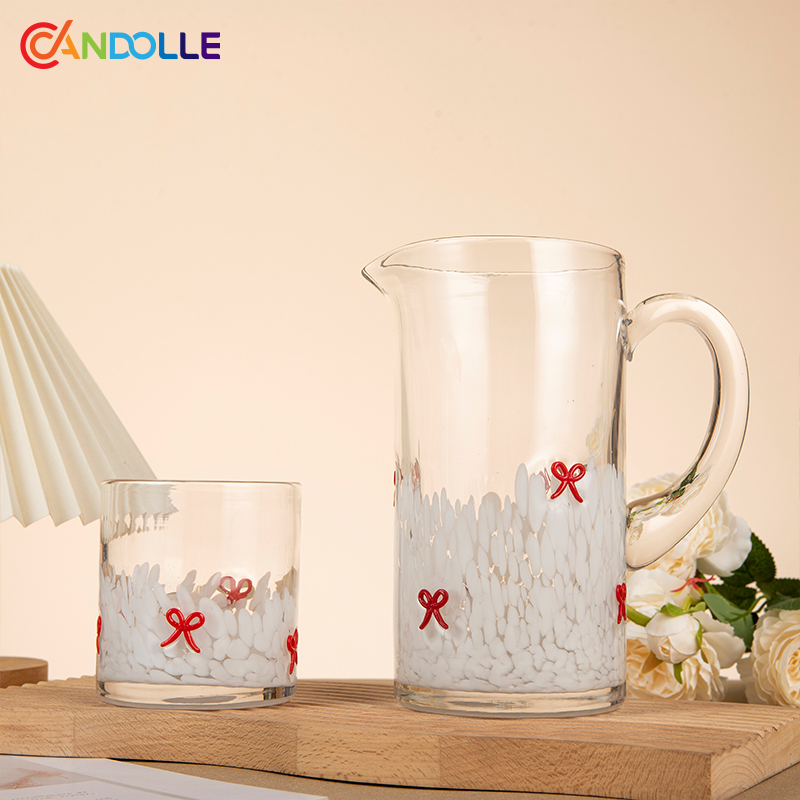Festive White Dots Glass Pitcher Tumbler Set with 3D Bow Patch Festive White Dots Glass Pitcher Tumbler Set with 3D Bow Patch