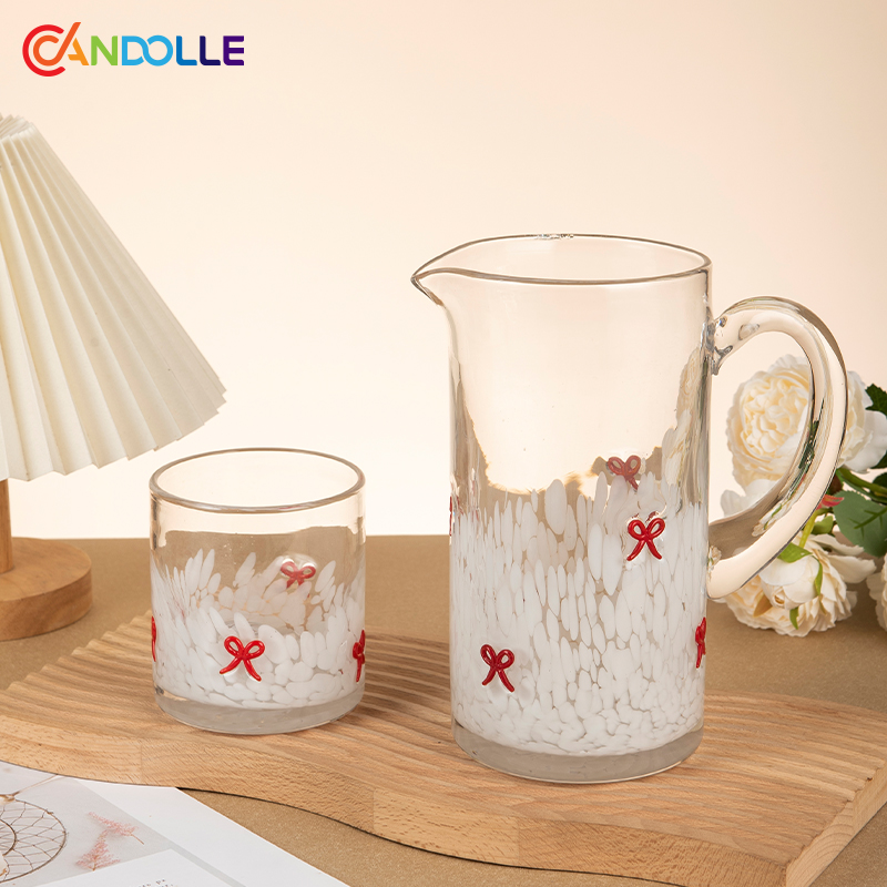 Festive White Dots Glass Pitcher Tumbler Set with 3D Bow Patch Festive White Dots Glass Pitcher Tumbler Set with 3D Bow Patch