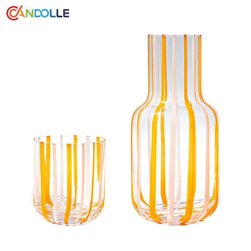 1L Mid Century Striped Bedside Glass Carafe Set with Tumbler