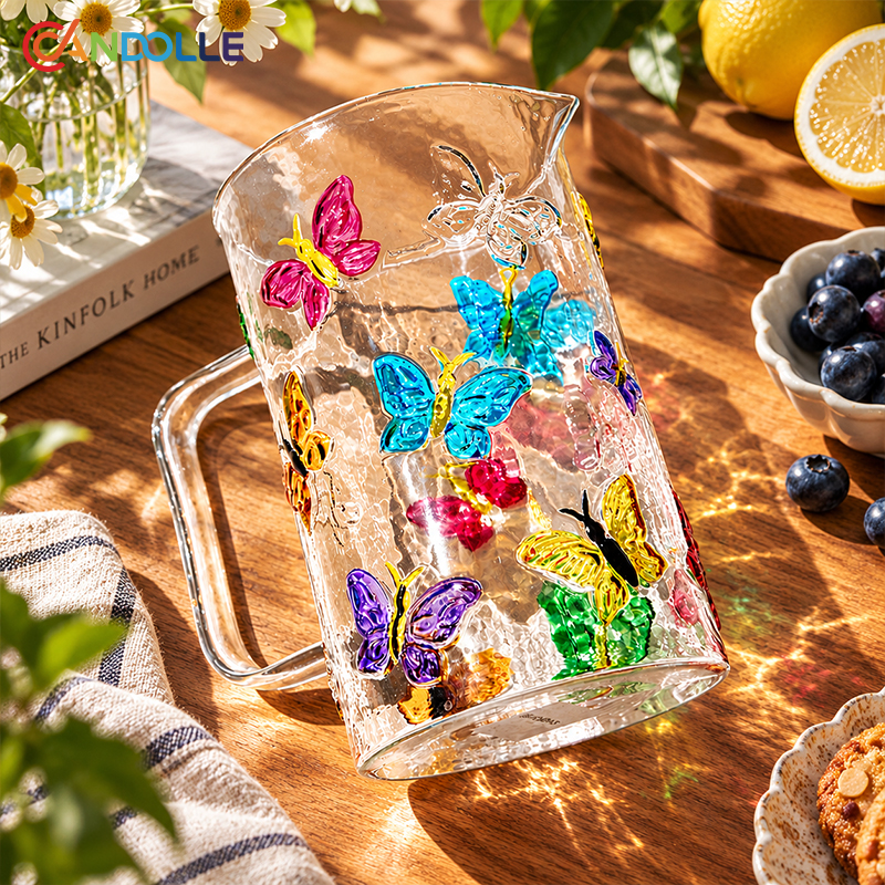 1L Glass Pitcher Colorful 3D Butterfly Decorated with Handle 1L Glass Pitcher Colorful 3D Butterfly Decorated with Handle