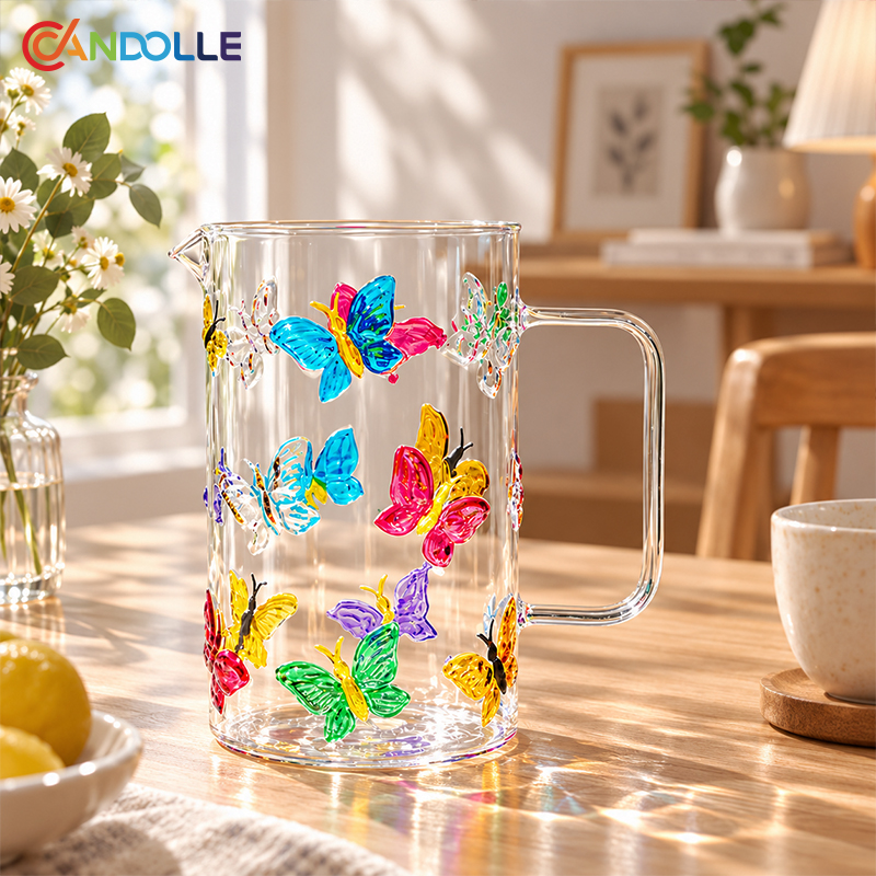 1L Glass Pitcher Colorful 3D Butterfly Decorated with Handle 1L Glass Pitcher Colorful 3D Butterfly Decorated with Handle