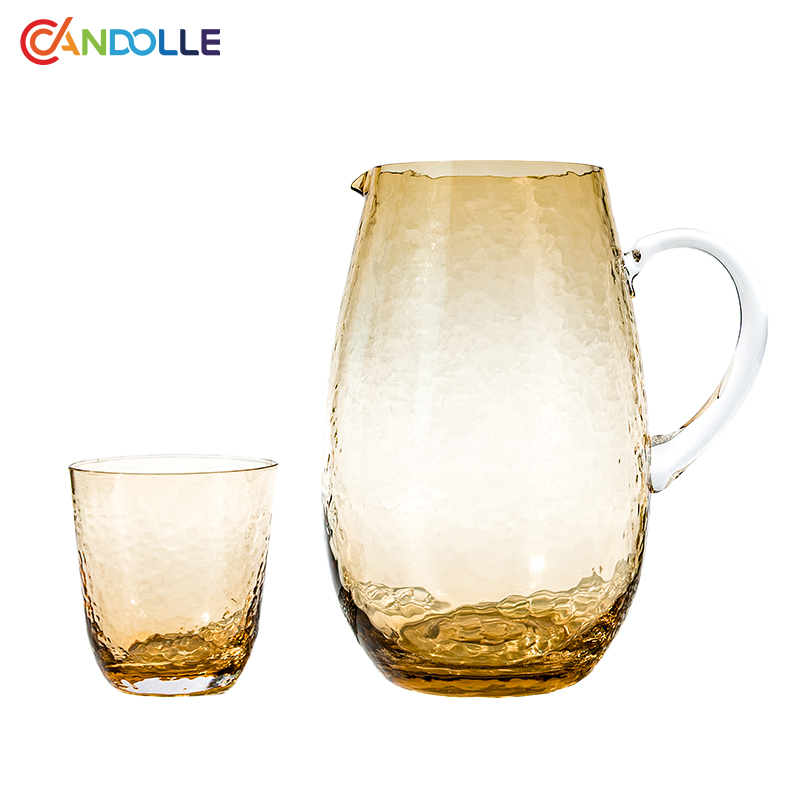 2500ml Amber Hammered Glass Jug Set with Clear Handle 