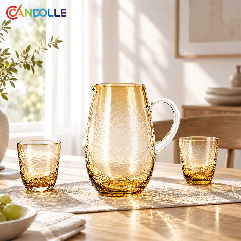 2500ml Amber Hammered Glass Jug Set with Clear Handle 2500ml Amber Hammered Glass Jug Set with Clear Handle