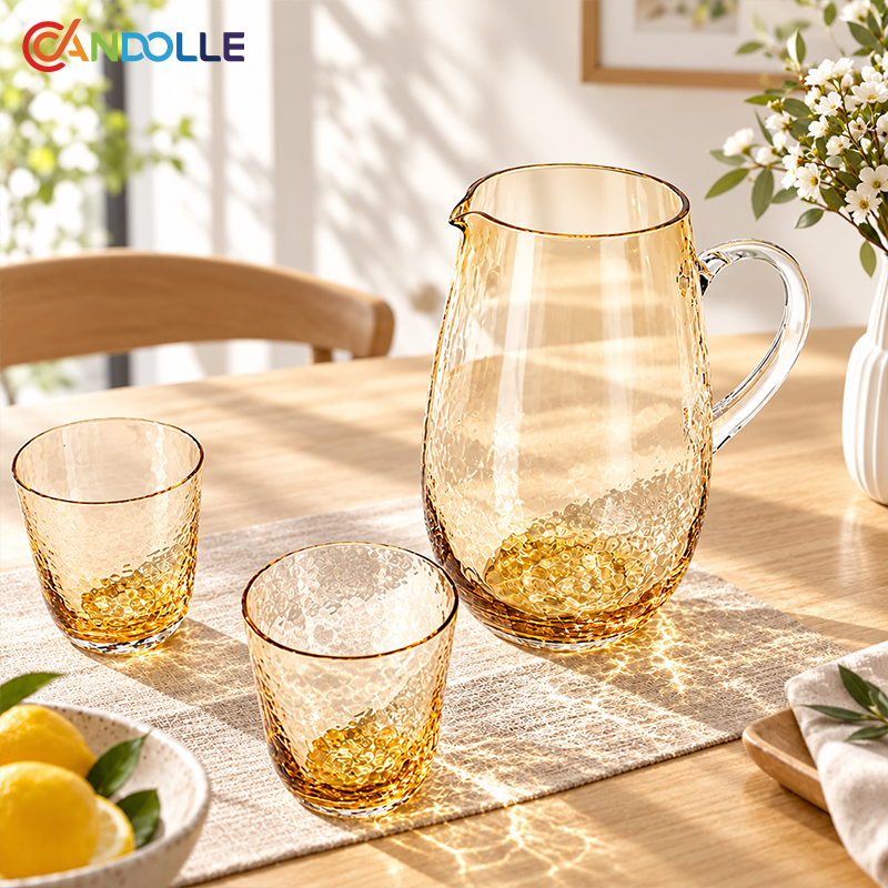 2500ml Amber Hammered Glass Jug Set with Clear Handle 2500ml Amber Hammered Glass Jug Set with Clear Handle