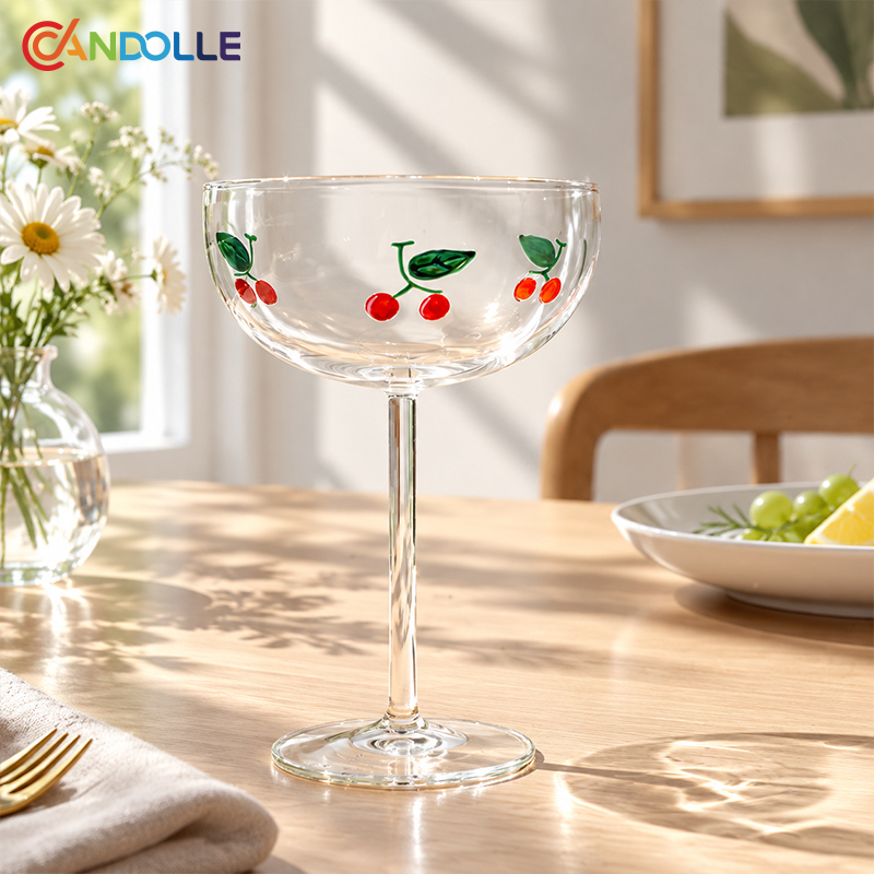 14oz Cherry Coupe Cocktail Glass 3D Hand Painted Goblet 14oz Cherry Coupe Cocktail Glass 3D Hand Painted Goblet