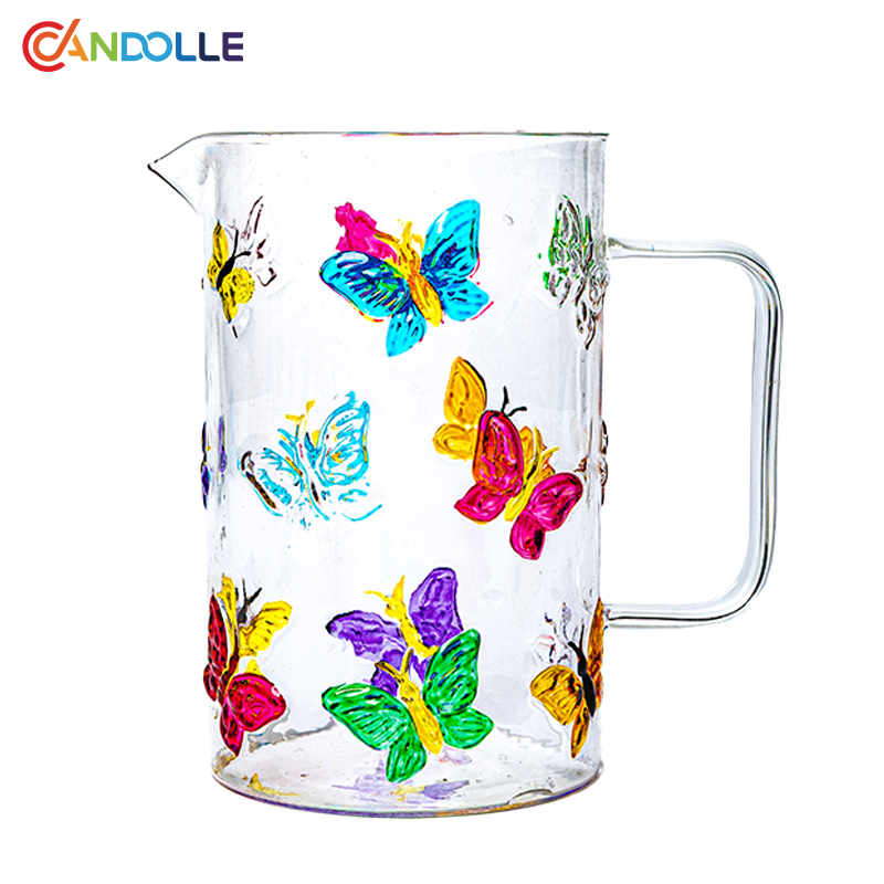 1L Glass Pitcher Colorful 3D Butterfly Decorated with Handle 