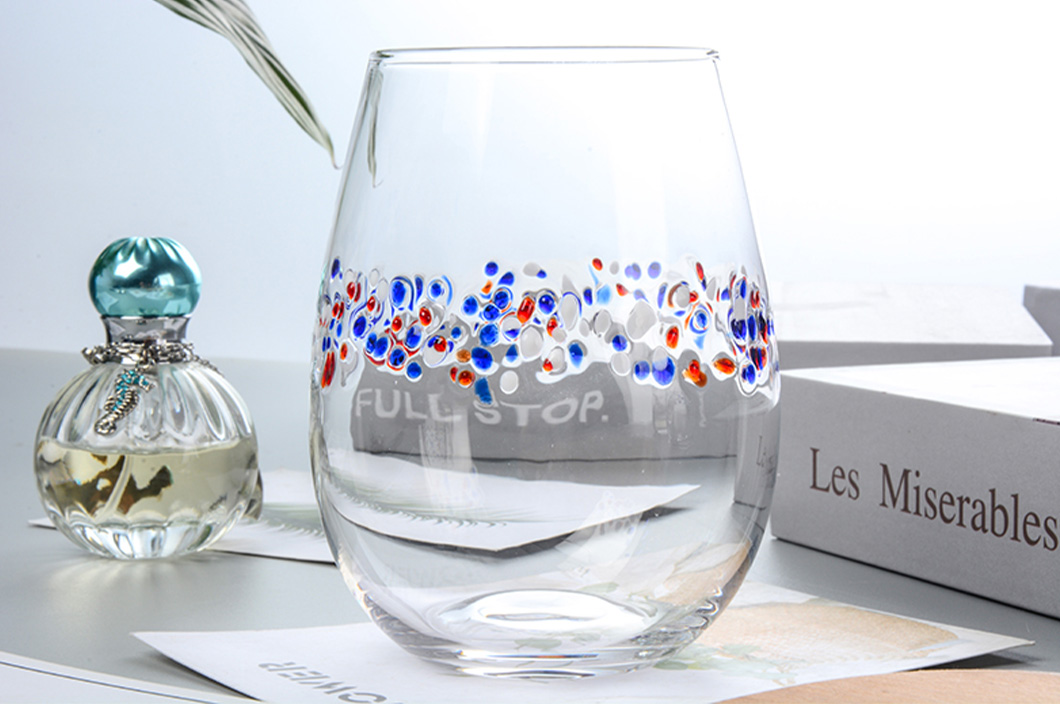 520ml Handblown Stemless Drinking Glass with Colorful Dots Decoration 520ml Handblown Stemless Drinking Glass with Colorful Dots Decoration
