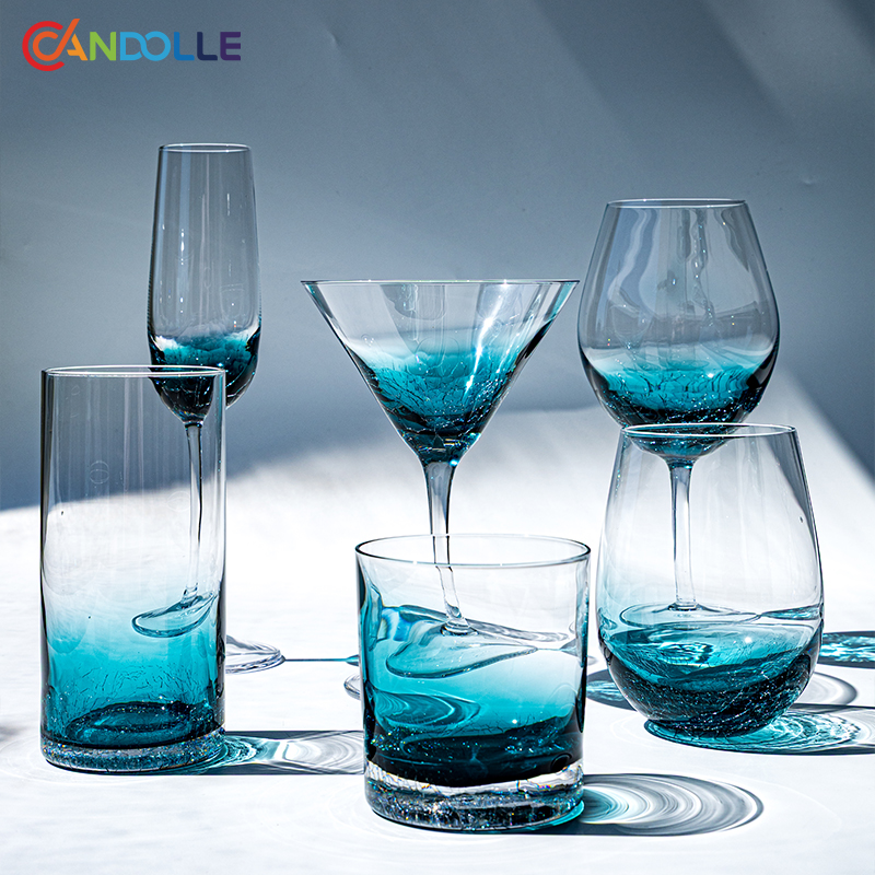 Handmade Crackle Teal Blue Crystal Wine Glass Goblet Set Drinking Glass Cups
